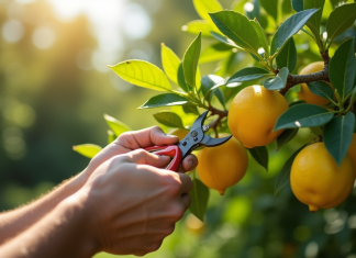 Mains de jardinier taillant un citronnier en plein air