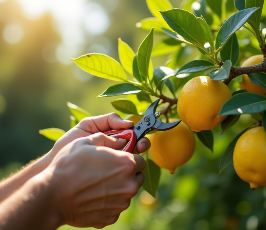 Mains de jardinier taillant un citronnier en plein air