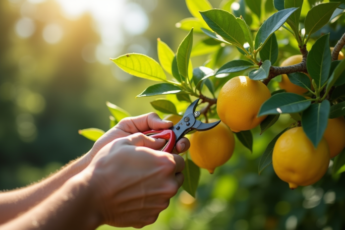Mains de jardinier taillant un citronnier en plein air
