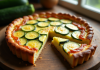 Tarte à la courgette fraîche tranchée sur une table en bois