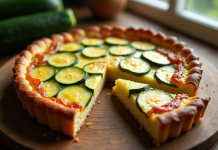 Tarte à la courgette fraîche tranchée sur une table en bois
