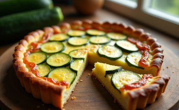 Comment réaliser une parfaite tarte à la courgette ? Tarte à la courgette fraîche tranchée sur une table en bois