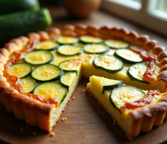 Tarte à la courgette fraîche tranchée sur une table en bois