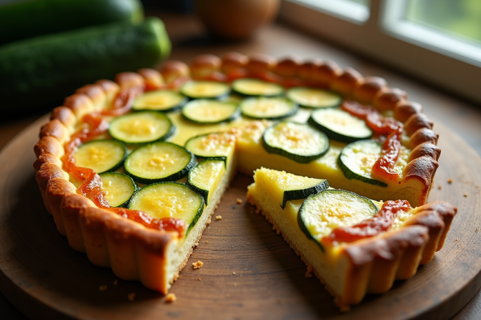 Tarte à la courgette fraîche tranchée sur une table en bois