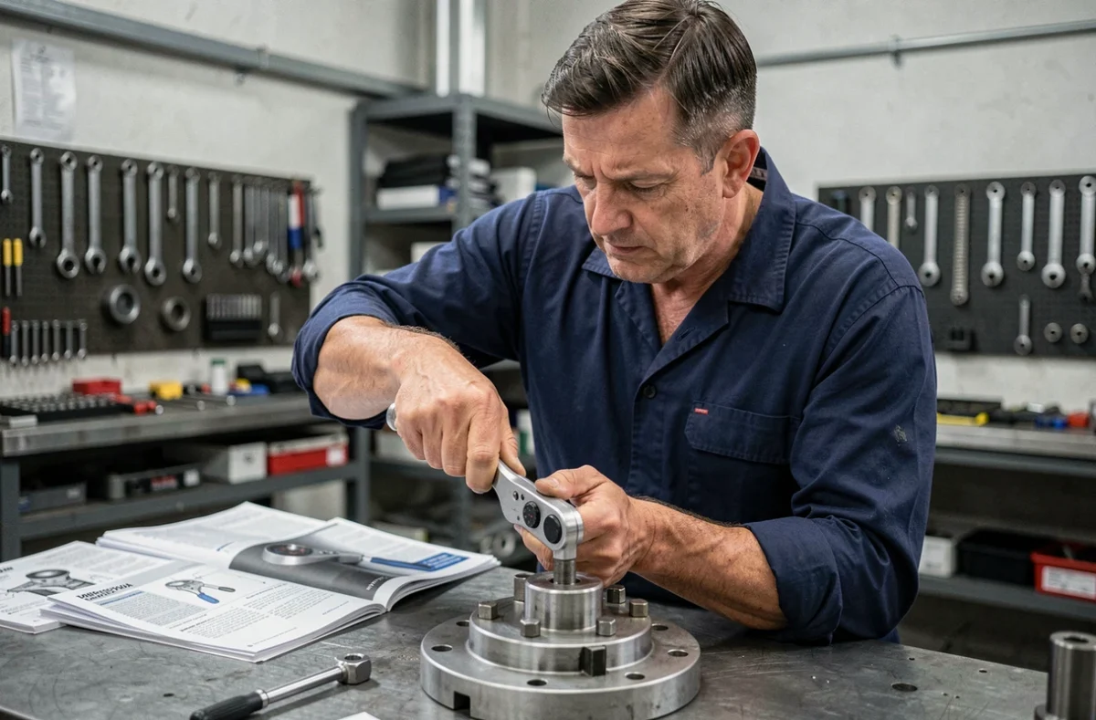 Technicien utilisant une clé dynamométrique calibrée en Nm sur un assemblage boulonné en atelier industriel