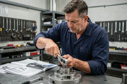 Technicien utilisant une clé dynamométrique calibrée en Nm sur un assemblage boulonné en atelier industriel