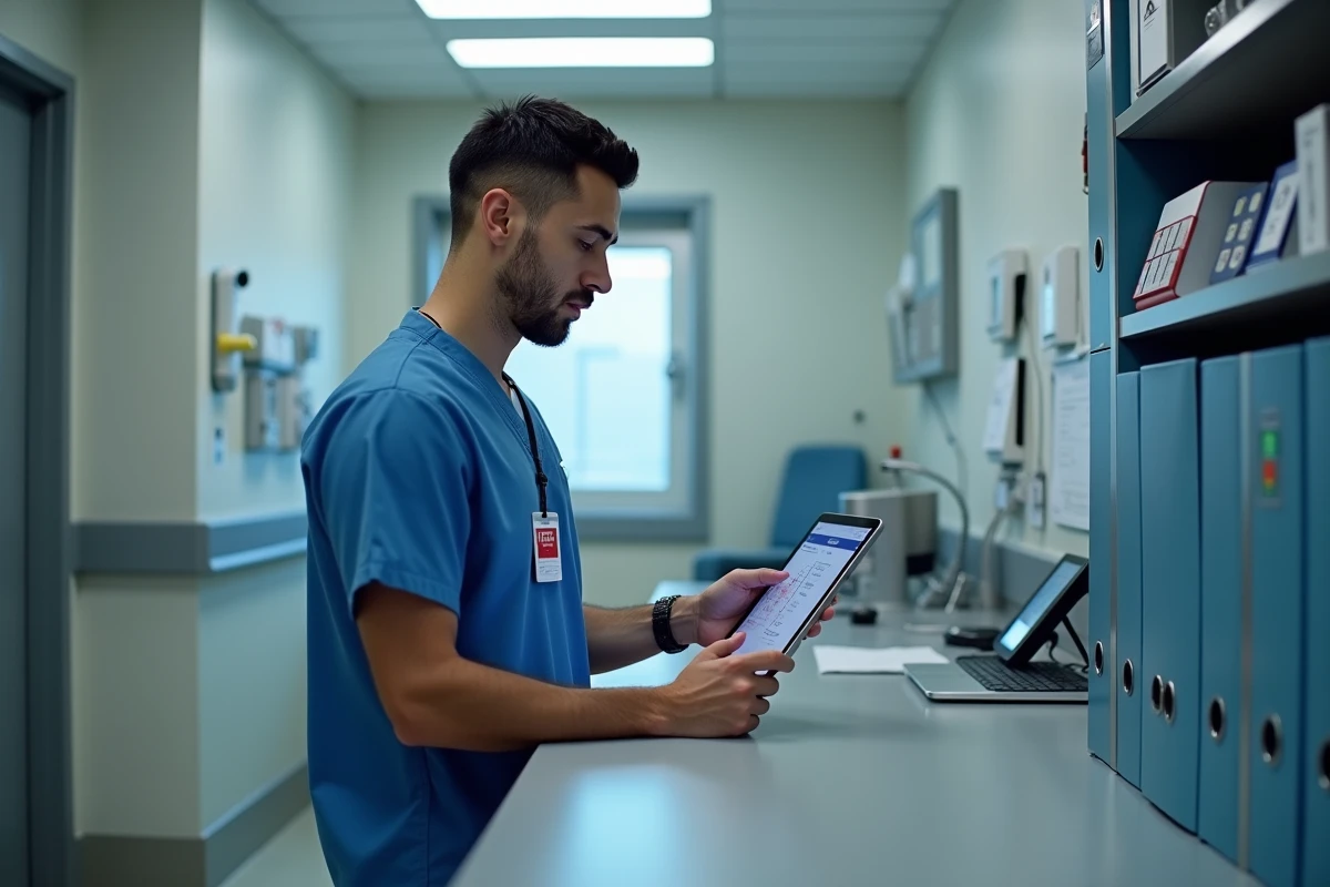 Technicien en radioprotection consultant un logiciel de dosimétrie sur tablette dans un bureau de médecine nucléaire