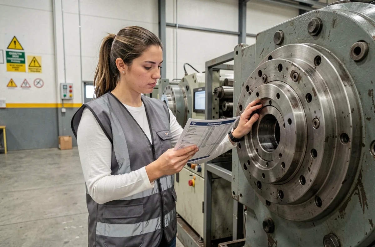 Technicienne qualité consultant une fiche de conversion MDAN en Nm sur le plancher d'une usine de production industrielle