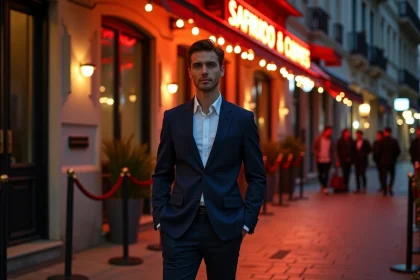 Jeune homme élégamment habillé devant l'entrée d'une discothèque à Perpignan, tenue soignée pour éviter le refus du videur