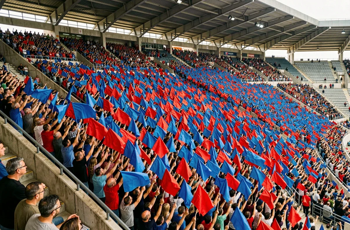 Tifo géant avec drapeaux bleus et rouges dans les tribunes d'un grand stade
