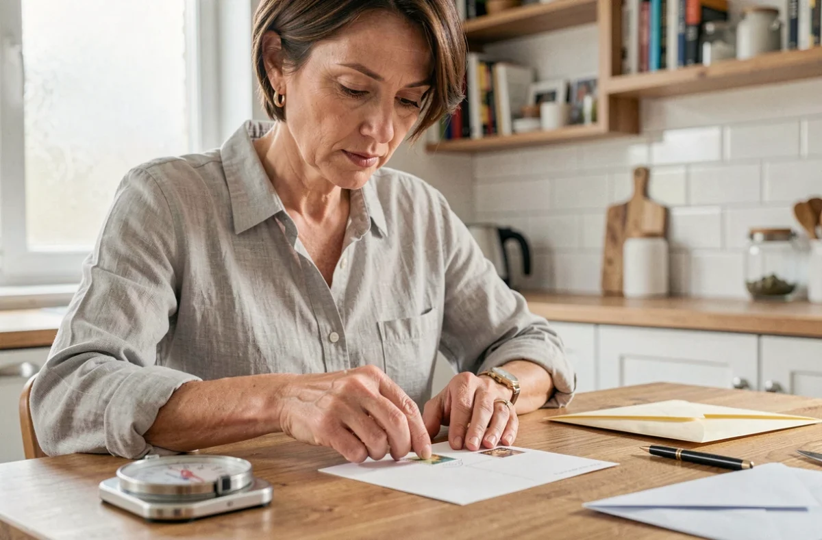 Femme collant un timbre sur une carte postale avec une balance postale sur une table en bois