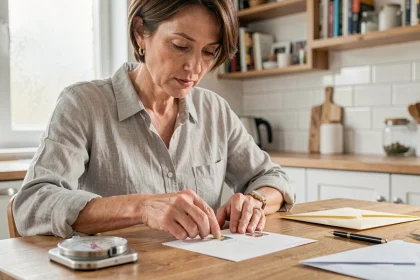 Femme collant un timbre sur une carte postale avec une balance postale sur une table en bois