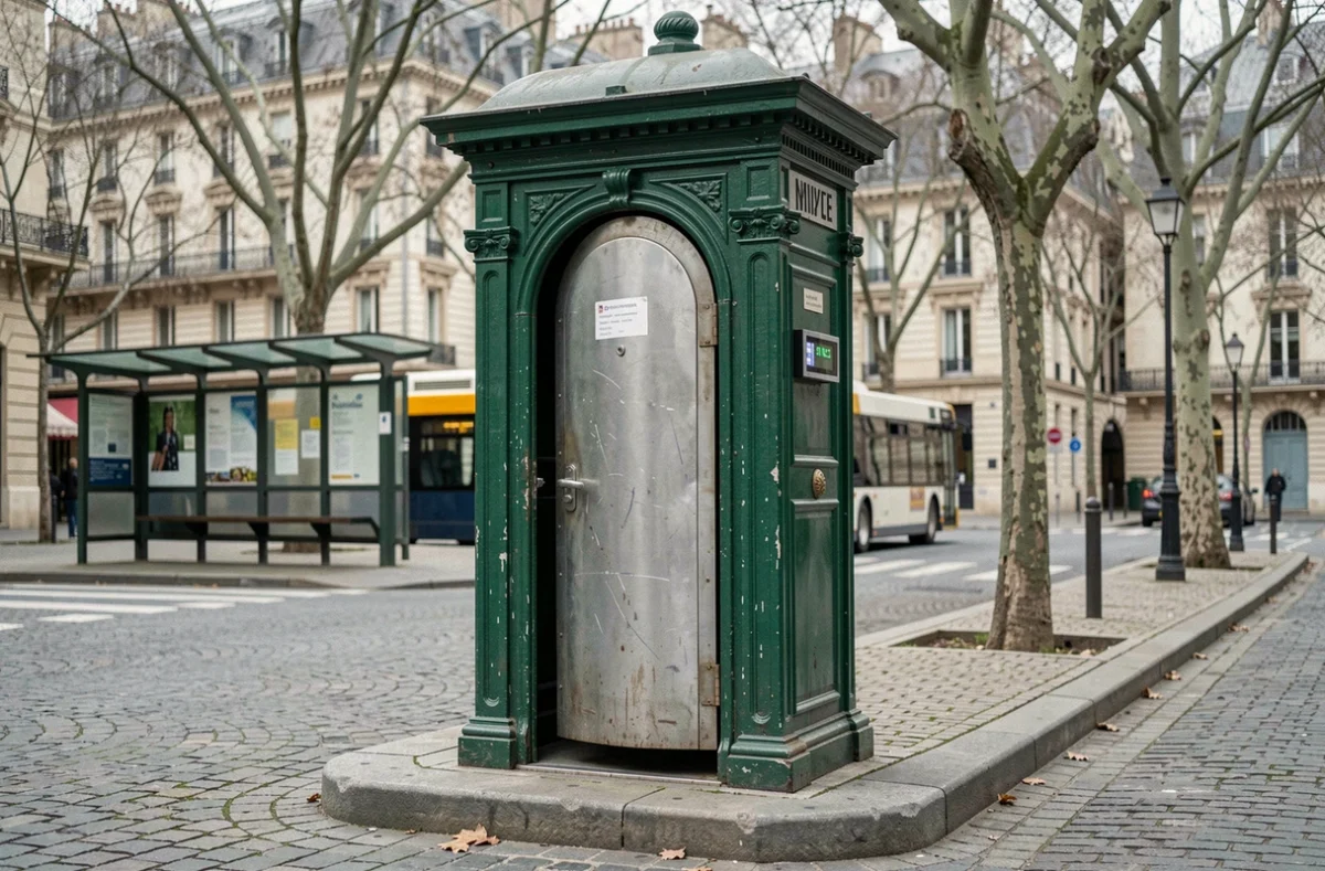 Kiosque de toilettes publiques ouvertes dans une rue de ville avec panneau d'affichage de disponibilité