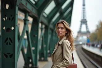 Touriste sur le quai surélevé de la station Bir-Hakeim du métro ligne 6 avec la Tour Eiffel en arrière-plan