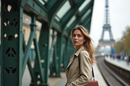 Touriste sur le quai surélevé de la station Bir-Hakeim du métro ligne 6 avec la Tour Eiffel en arrière-plan