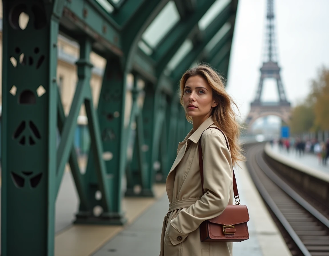 Touriste sur le quai surélevé de la station Bir-Hakeim du métro ligne 6 avec la Tour Eiffel en arrière-plan