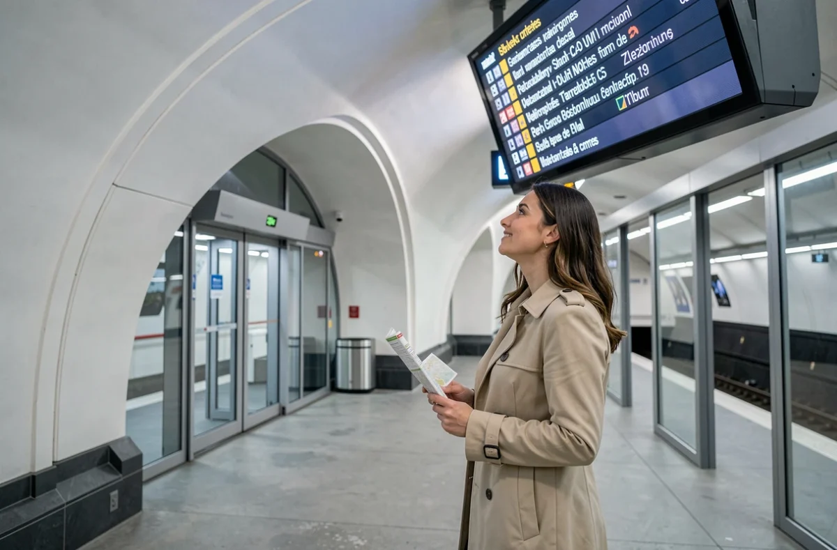 Touriste consultant le plan de la ligne 14 du métro parisien dans une station moderne