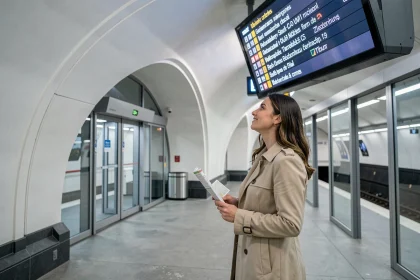 Touriste consultant le plan de la ligne 14 du métro parisien dans une station moderne