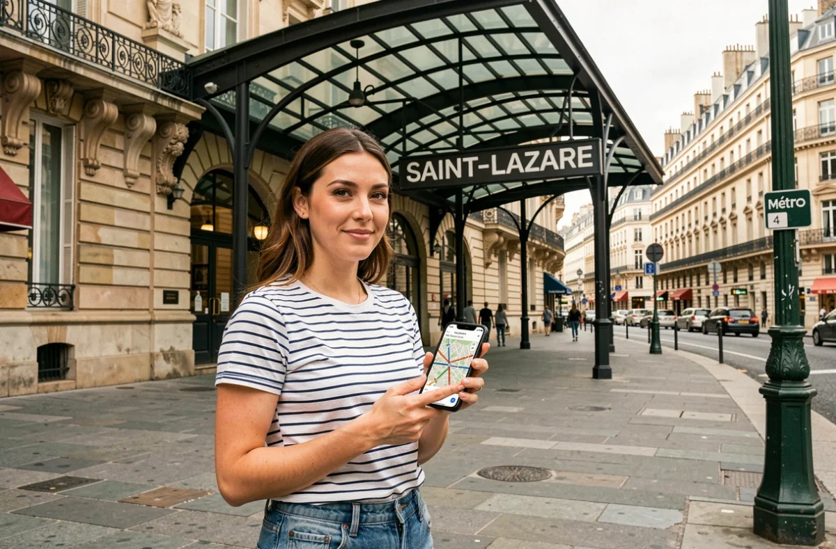 Touriste consultant le plan numérique du métro ligne 14 devant l'entrée de la gare Saint-Lazare à Paris