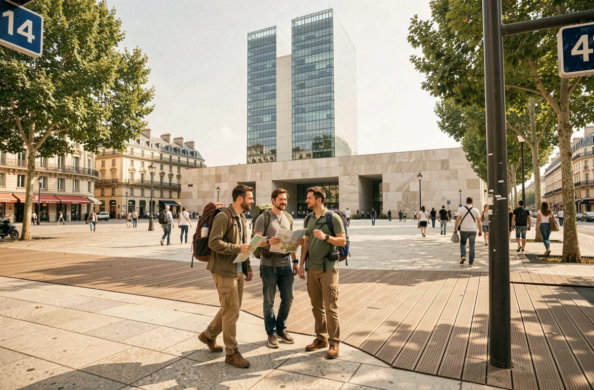 Groupe de touristes sortant du métro ligne 14 près de la Bibliothèque François Mitterrand à Paris