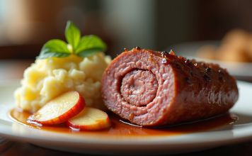 Comment choisir l’accompagnement parfait pour le boudin noir ? Tranche de boudin noir avec purée et pommes caramélisées