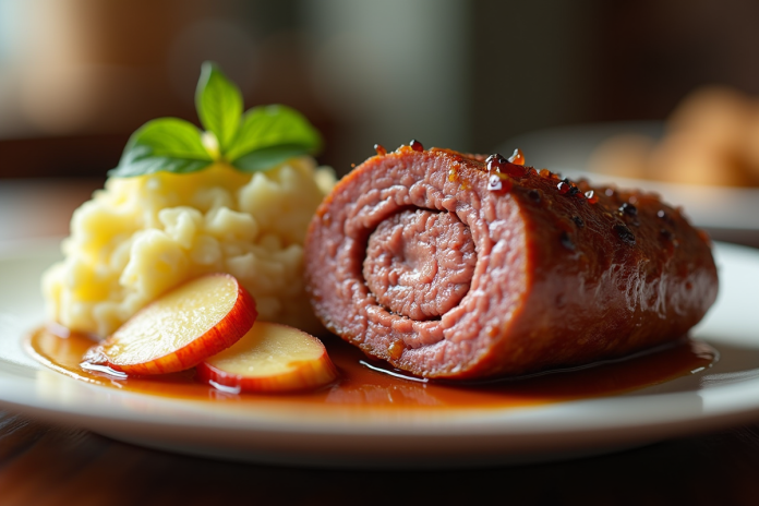 Tranche de boudin noir avec purée et pommes caramélisées