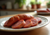 Chorizo tranché sur assiette en cuisine lumineuse