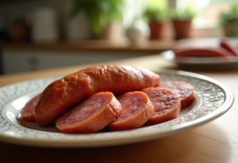 Chorizo tranché sur assiette en cuisine lumineuse