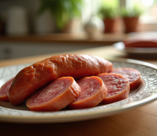 Chorizo tranché sur assiette en cuisine lumineuse