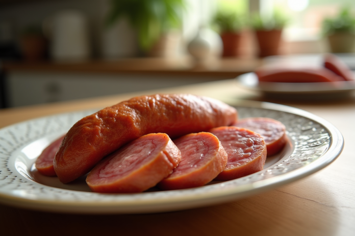 Chorizo tranché sur assiette en cuisine lumineuse