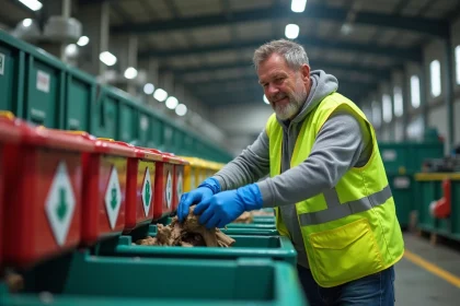 Agent de tri des déchets portant un gilet jaune et des gants bleus, triant des matières recyclables dans une installation industrielle moderne avec des bacs colorés