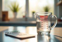 Verre mesure 500 ml sur plan de travail lumineux