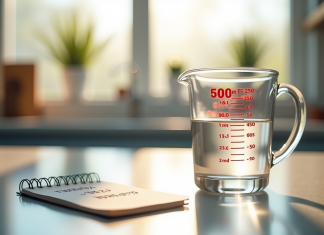 Verre mesure 500 ml sur plan de travail lumineux