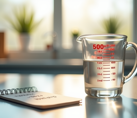 Conversion des mesures liquides : comment passer de 500 ml à des centilitres ? Verre mesure 500 ml sur plan de travail lumineux