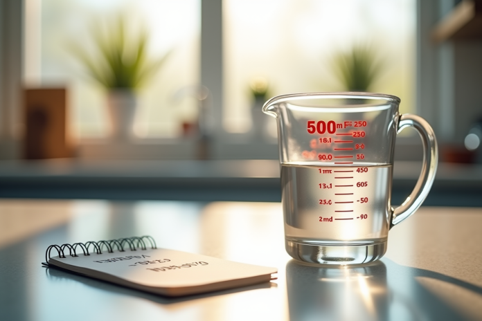 Verre mesure 500 ml sur plan de travail lumineux