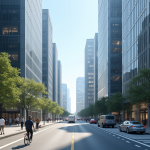 Rue urbaine moderne avec circulation et piétons divers
