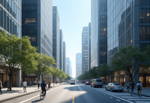 Rue urbaine moderne avec circulation et piétons divers