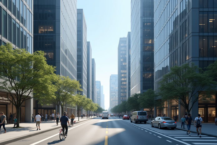 Rue urbaine moderne avec circulation et piétons divers