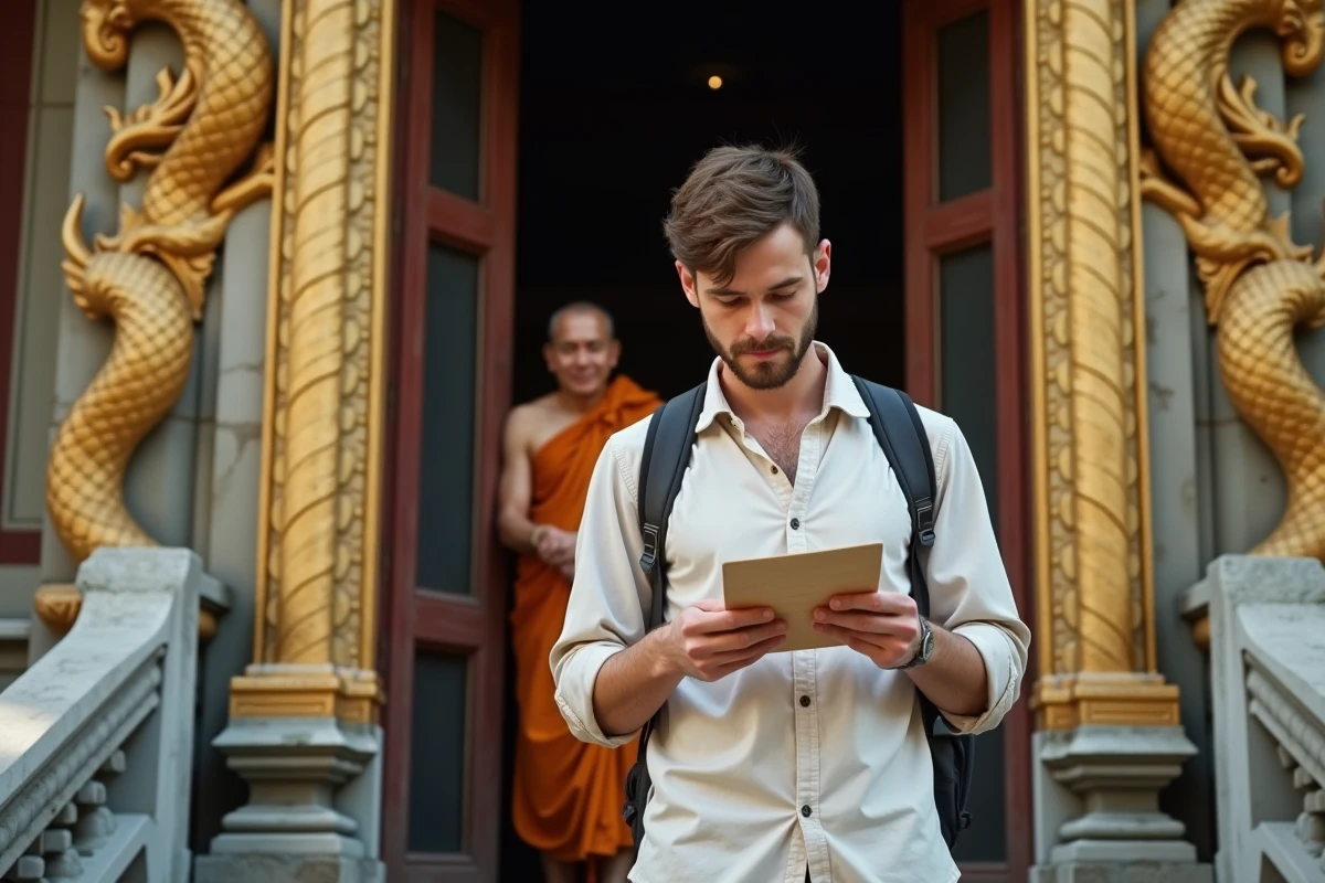 Un voyageur occidental consulte un guide de phrases thaïlandaises devant l'entrée sculptée d'un temple de Chiang Mai en présence d'un moine âgé