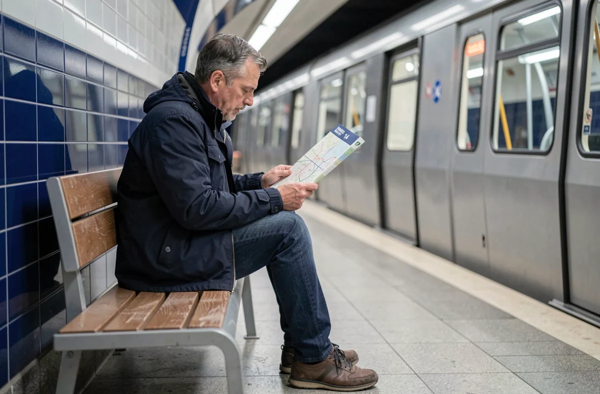Homme consultant la carte du métro ligne 14 sur le quai de la station Les Olympiades à Paris