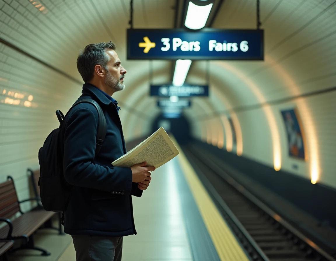 Voyageur consultant une carte du métro à la station Passy sur la ligne 6 de Paris