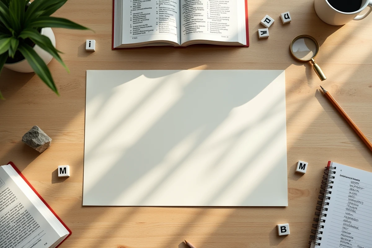 Vue aérienne d'un bureau avec des tuiles de lettres, des mots croisés et des listes d'anagrammes manuscrites