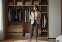Garde-robe complète : conseils et astuces pour constituer la vôtre Femme choisissant un blazer dans une garde-robe organisée