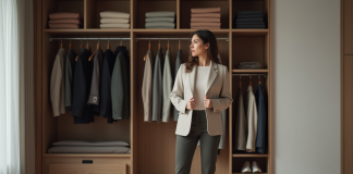 Garde-robe complète : conseils et astuces pour constituer la vôtre Femme choisissant un blazer dans une garde-robe organisée