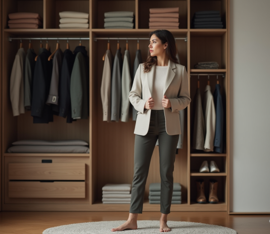 Garde-robe complète : conseils et astuces pour constituer la vôtre Femme choisissant un blazer dans une garde-robe organisée