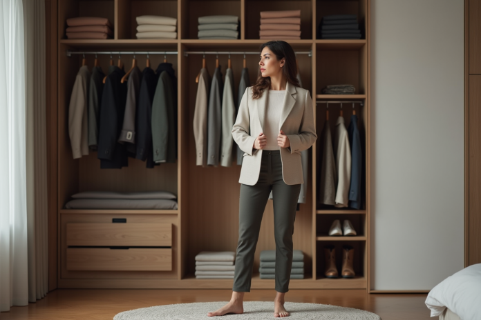 Femme choisissant un blazer dans une garde-robe organisée